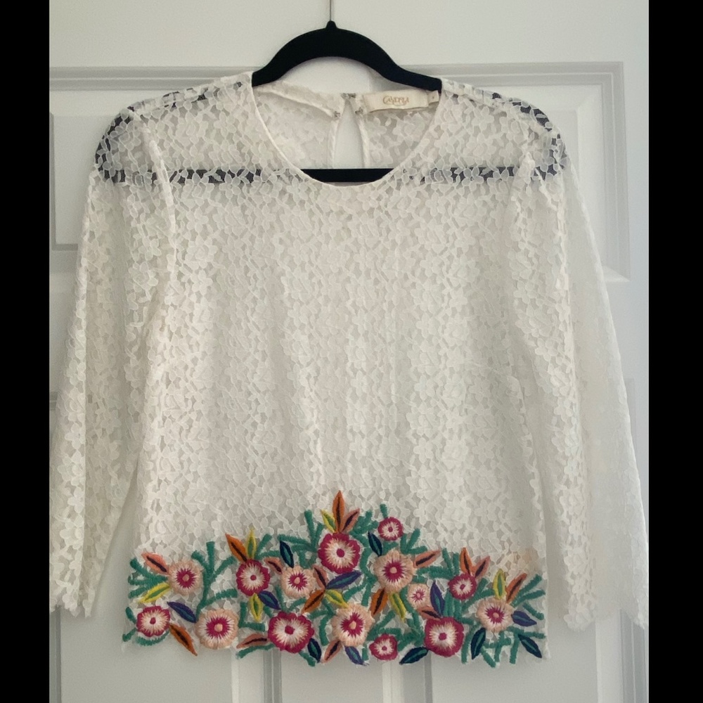 Candela White Lace Top with Floral Embroidery Size S